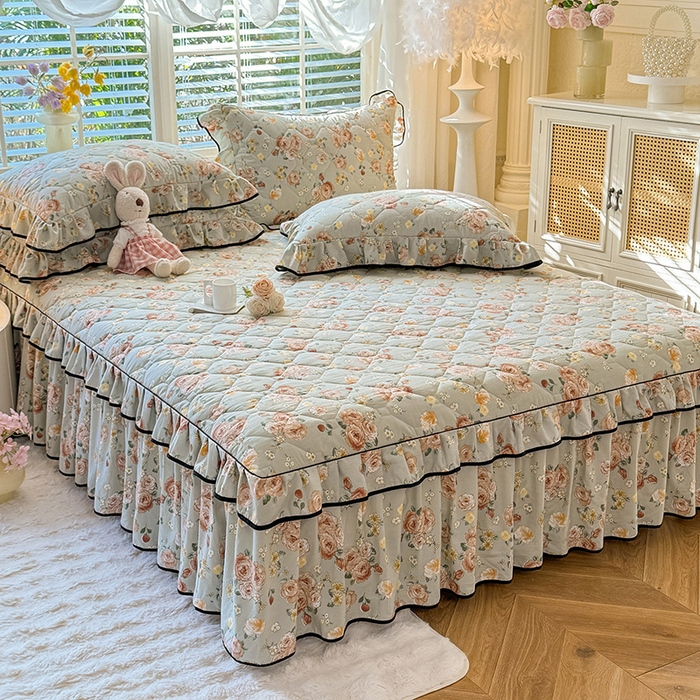 91家纺网 家纺一手货源 找家纺 优家居 2025新品水洗棉全夹棉床裙四件套韩版糯糯棉水洗皱皱纱床罩花边被套枕套直播爆款 花花田园