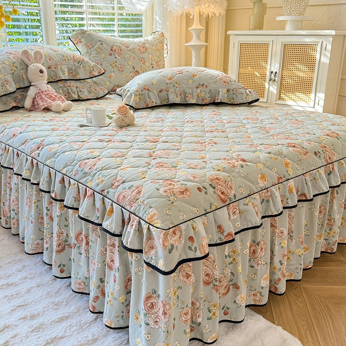 91家纺网 家纺一手货源 找家纺 优家居 2025新品水洗棉全夹棉床裙四件套韩版糯糯棉水洗皱皱纱床罩花边被套枕套直播爆款 花花田园