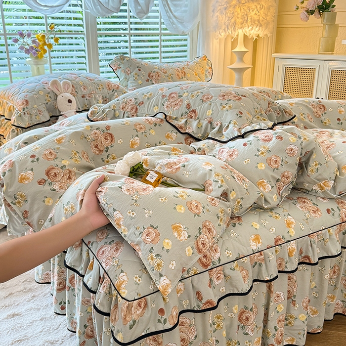 91家纺网 家纺一手货源 找家纺 优家居 2025新品水洗棉全夹棉床裙四件套韩版糯糯棉水洗皱皱纱床罩花边被套枕套直播爆款 花花田园