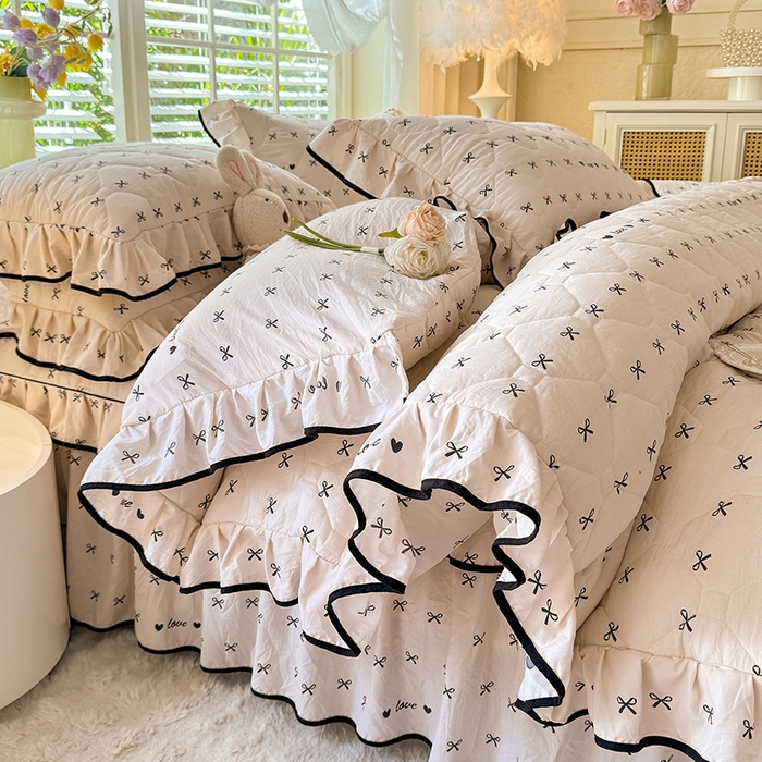 91家纺网 家纺一手货源 找家纺 优家居 2025新品水洗棉全夹棉床裙四件套韩版糯糯棉水洗皱皱纱床罩花边被套枕套直播爆款 爱心蝴蝶结