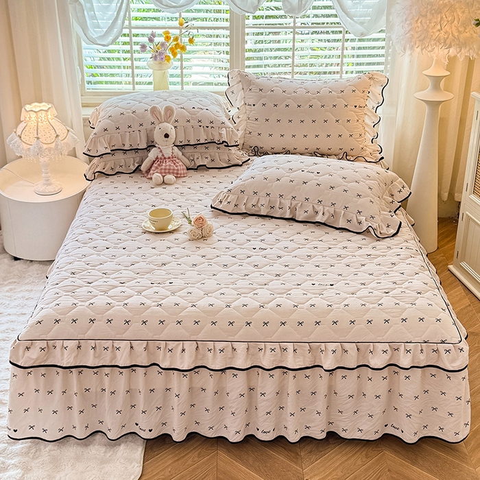 91家纺网 家纺一手货源 找家纺 优家居 2025新品水洗棉全夹棉床裙四件套韩版糯糯棉水洗皱皱纱床罩花边被套枕套直播爆款 爱心蝴蝶结