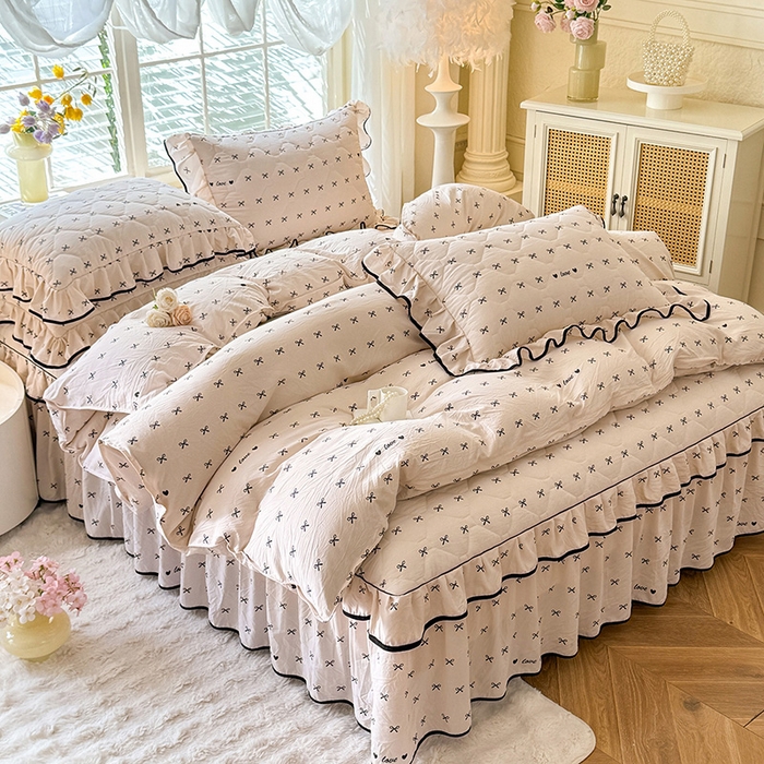 91家纺网 家纺一手货源 找家纺 优家居 2025新品水洗棉全夹棉床裙四件套韩版糯糯棉水洗皱皱纱床罩花边被套枕套直播爆款 爱心蝴蝶结