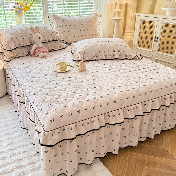 91家纺网 家纺一手货源 找家纺 优家居 2025新品水洗棉全夹棉床裙四件套韩版糯糯棉水洗皱皱纱床罩花边被套枕套直播爆款 爱心蝴蝶结