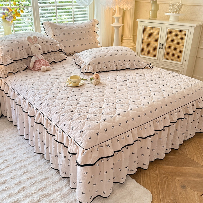 91家纺网 家纺一手货源 找家纺 优家居 2025新品水洗棉全夹棉床裙四件套韩版糯糯棉水洗皱皱纱床罩花边被套枕套直播爆款 爱心蝴蝶结