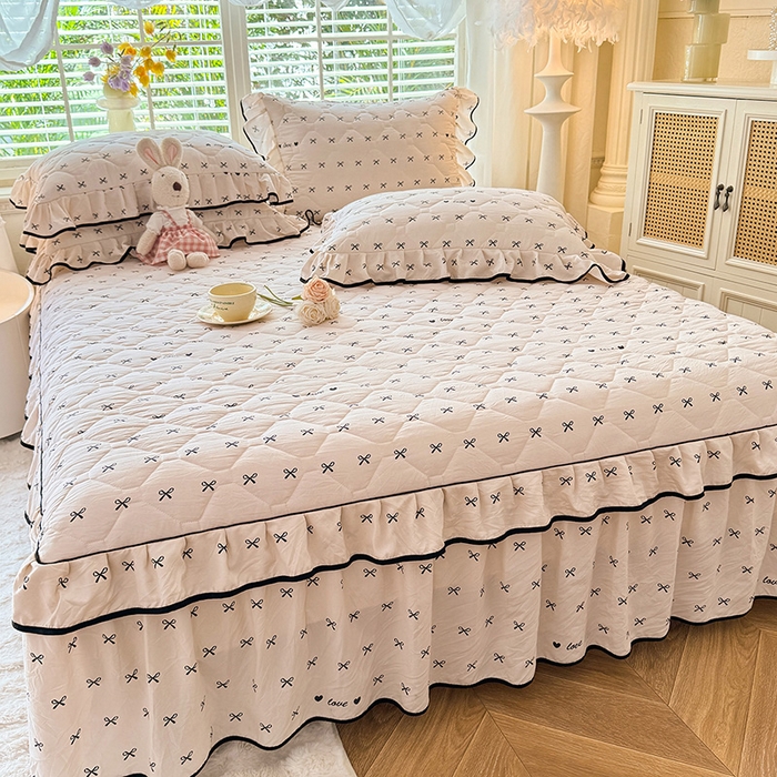 91家纺网 家纺一手货源 找家纺 优家居 2025新品水洗棉全夹棉床裙四件套韩版糯糯棉水洗皱皱纱床罩花边被套枕套直播爆款 爱心蝴蝶结