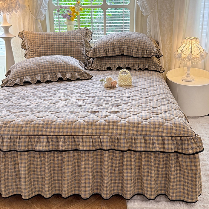 91家纺网 家纺一手货源 找家纺 优家居 2025新品水洗棉全夹棉床裙四件套韩版糯糯棉水洗皱皱纱床罩花边被套枕套直播爆款 巴宝格-咖