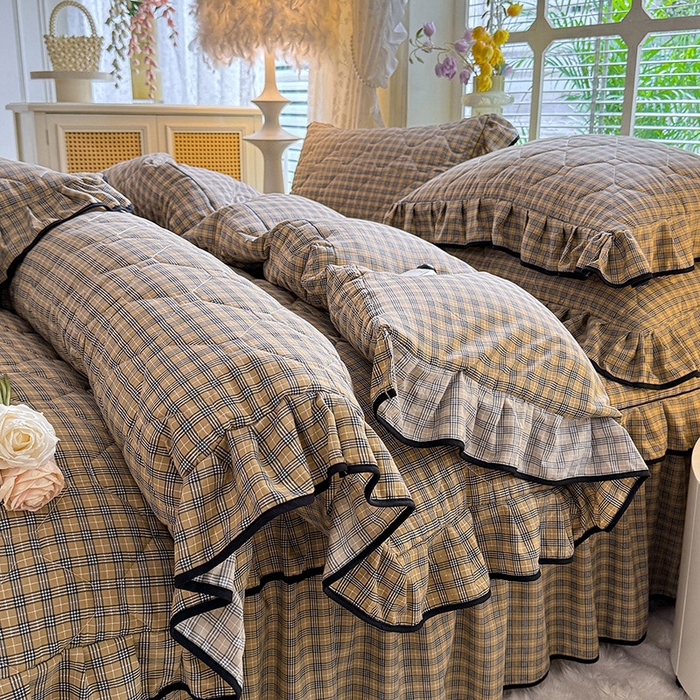 91家纺网 家纺一手货源 找家纺 优家居 2025新品水洗棉全夹棉床裙四件套韩版糯糯棉水洗皱皱纱床罩花边被套枕套直播爆款 巴宝格-咖