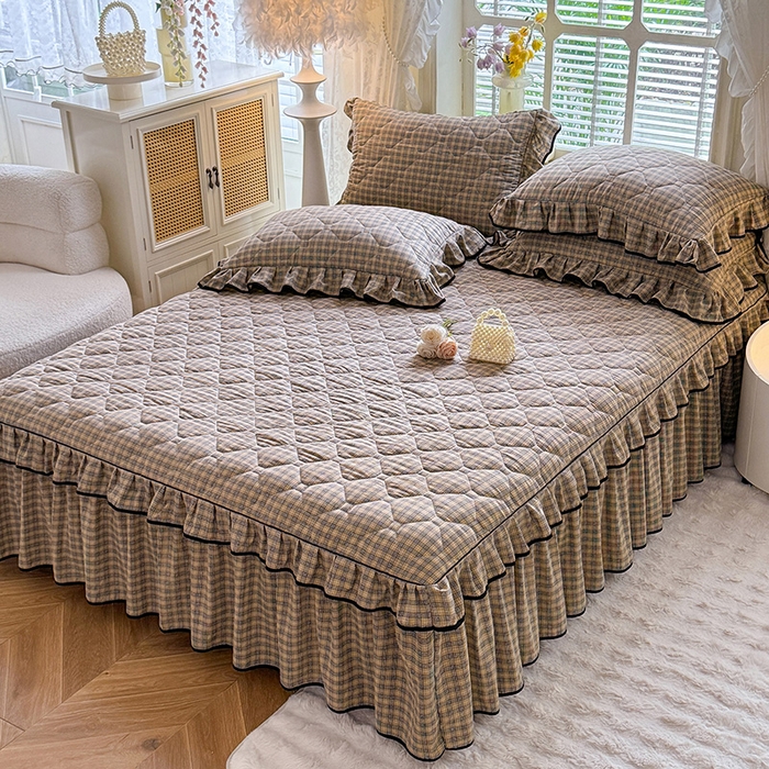 91家纺网 家纺一手货源 找家纺 优家居 2025新品水洗棉全夹棉床裙四件套韩版糯糯棉水洗皱皱纱床罩花边被套枕套直播爆款 巴宝格-咖