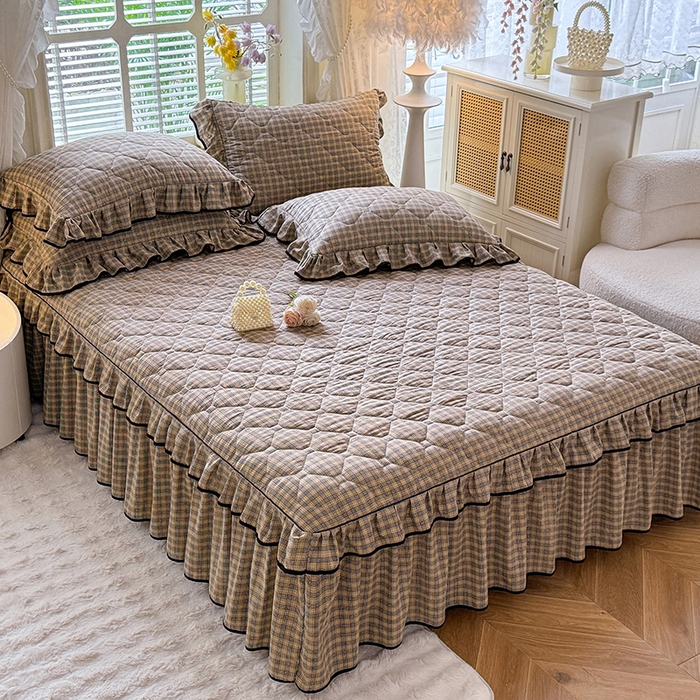 91家纺网 家纺一手货源 找家纺 优家居 2025新品水洗棉全夹棉床裙四件套韩版糯糯棉水洗皱皱纱床罩花边被套枕套直播爆款 巴宝格-咖