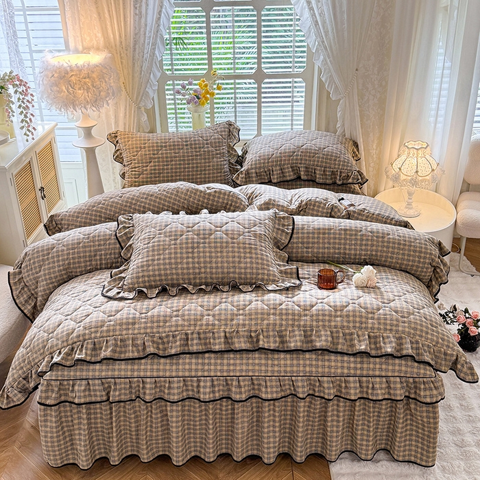 91家纺网 家纺一手货源 找家纺 优家居 2025新品水洗棉全夹棉床裙四件套韩版糯糯棉水洗皱皱纱床罩花边被套枕套直播爆款 巴宝格-咖