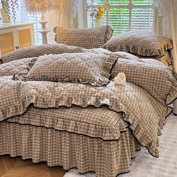 91家纺网 家纺一手货源 找家纺 优家居 2025新品水洗棉全夹棉床裙四件套韩版糯糯棉水洗皱皱纱床罩花边被套枕套直播爆款 巴宝格-咖