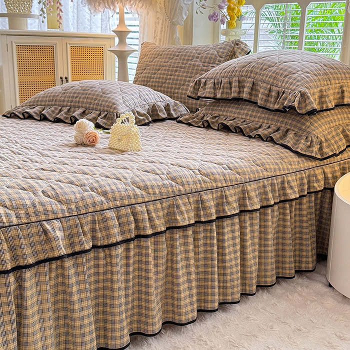 91家纺网 家纺一手货源 找家纺 优家居 2025新品水洗棉全夹棉床裙四件套韩版糯糯棉水洗皱皱纱床罩花边被套枕套直播爆款 巴宝格-咖