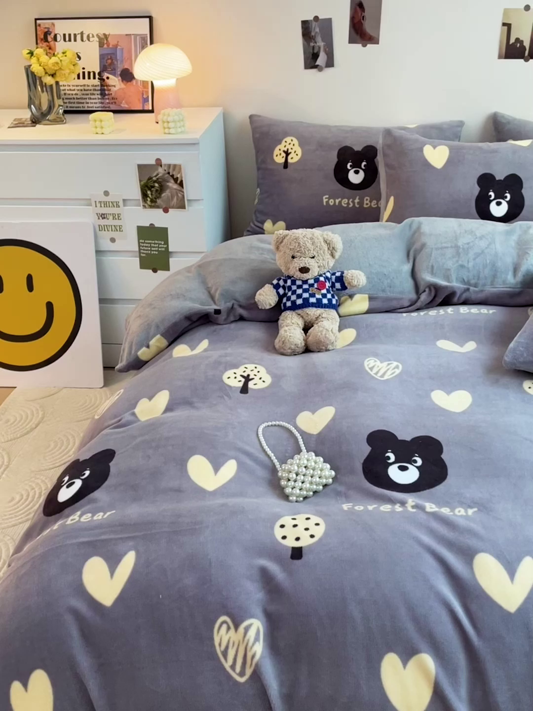 91家纺网 家纺一手货源 找家纺 西引力 2025新款亲肤舒适加厚牛奶绒印花四件套 爱心熊