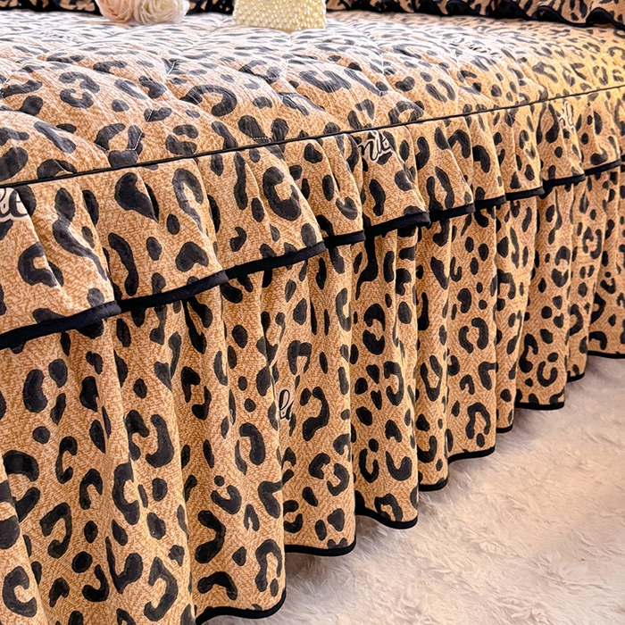 91家纺网 家纺一手货源 找家纺 优家居 2025新品水洗棉全夹棉床裙四件套韩版糯糯棉水洗皱皱纱床罩花边被套枕套直播爆款 豹纹-咖