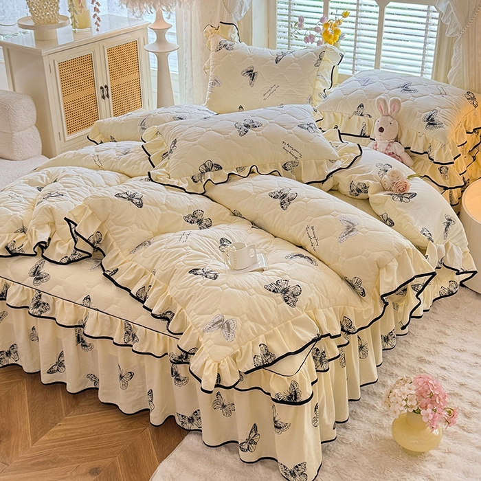 优家居 2025新品水洗棉全夹棉床裙四件套韩版糯糯棉水洗皱皱纱床罩花边被套枕套直播爆款 蝶舞芳华