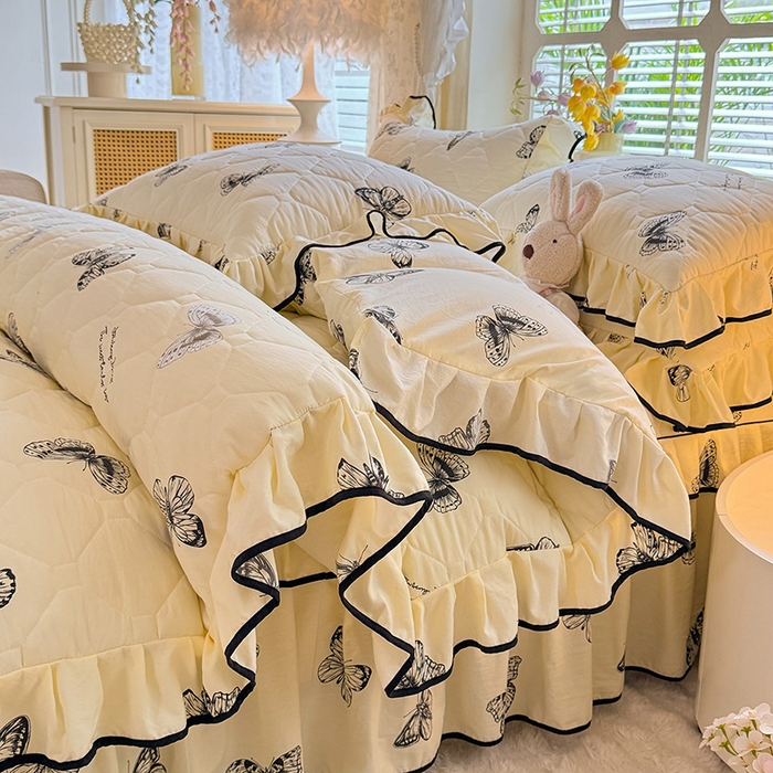 91家纺网 家纺一手货源 找家纺 优家居 2025新品水洗棉全夹棉床裙四件套韩版糯糯棉水洗皱皱纱床罩花边被套枕套直播爆款 蝶舞芳华