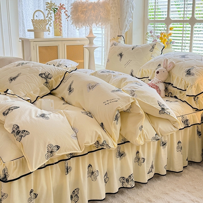 91家纺网 家纺一手货源 找家纺 优家居 2025新品水洗棉全夹棉床裙四件套韩版糯糯棉水洗皱皱纱床罩花边被套枕套直播爆款 蝶舞芳华