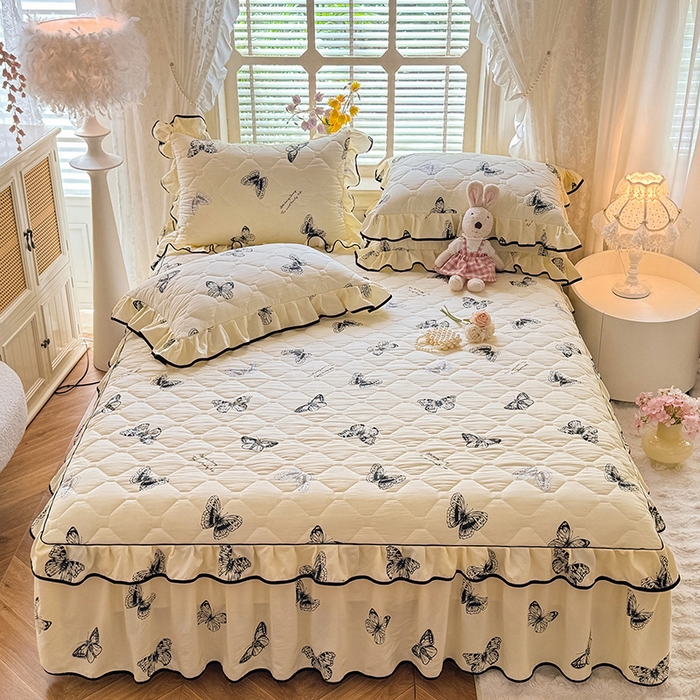 91家纺网 家纺一手货源 找家纺 优家居 2025新品水洗棉全夹棉床裙四件套韩版糯糯棉水洗皱皱纱床罩花边被套枕套直播爆款 蝶舞芳华