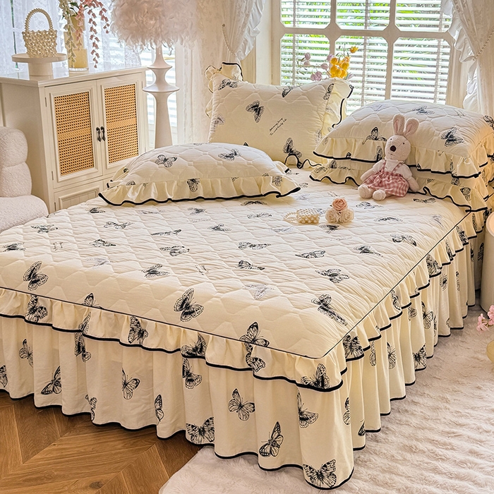 91家纺网 家纺一手货源 找家纺 优家居 2025新品水洗棉全夹棉床裙四件套韩版糯糯棉水洗皱皱纱床罩花边被套枕套直播爆款 蝶舞芳华