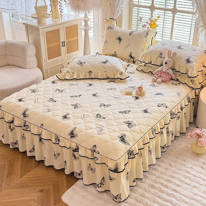 91家纺网 家纺一手货源 找家纺 优家居 2025新品水洗棉全夹棉床裙四件套韩版糯糯棉水洗皱皱纱床罩花边被套枕套直播爆款 蝶舞芳华