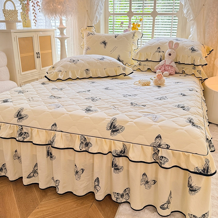 91家纺网 家纺一手货源 找家纺 优家居 2025新品水洗棉全夹棉床裙四件套韩版糯糯棉水洗皱皱纱床罩花边被套枕套直播爆款 蝶舞芳华