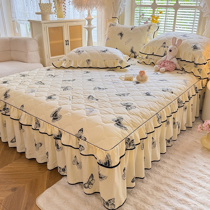 91家纺网 家纺一手货源 找家纺 优家居 2025新品水洗棉全夹棉床裙四件套韩版糯糯棉水洗皱皱纱床罩花边被套枕套直播爆款 蝶舞芳华