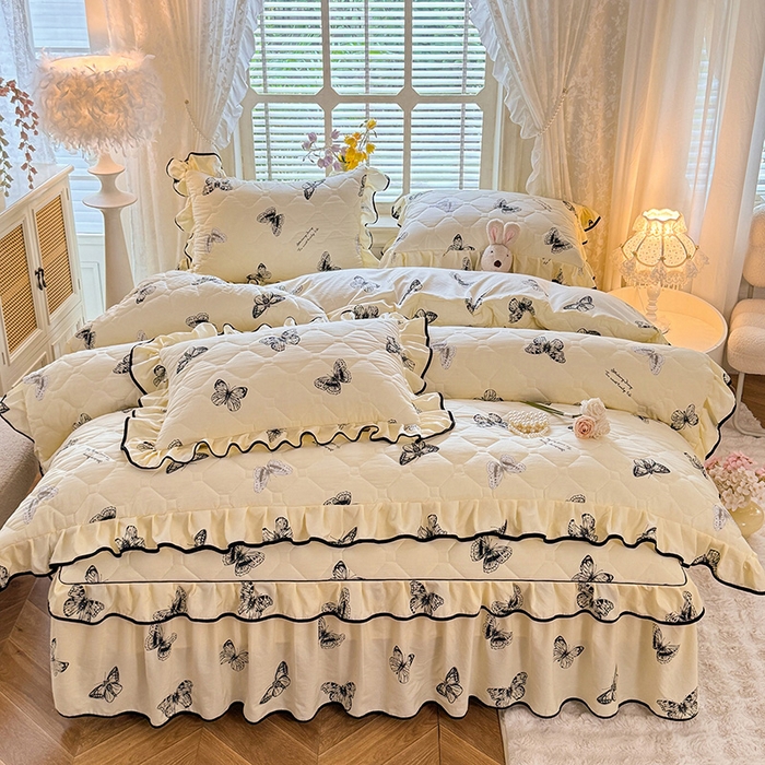 91家纺网 家纺一手货源 找家纺 优家居 2025新品水洗棉全夹棉床裙四件套韩版糯糯棉水洗皱皱纱床罩花边被套枕套直播爆款 蝶舞芳华