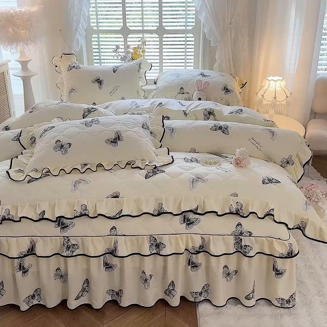 91家纺网 家纺一手货源 找家纺 优家居 2025新品水洗棉全夹棉床裙四件套韩版糯糯棉水洗皱皱纱床罩花边被套枕套直播爆款 蝶舞芳华