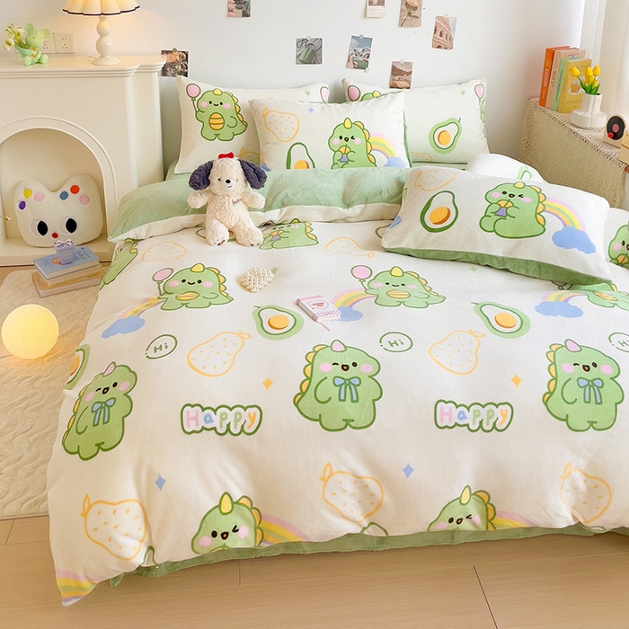 91家纺网 家纺一手货源 找家纺 西引力 2025新款亲肤舒适加厚牛奶绒印花四件套 宝贝奶龙