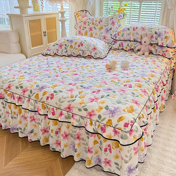 91家纺网 家纺一手货源 找家纺 优家居 2025新品水洗棉全夹棉床裙四件套韩版糯糯棉水洗皱皱纱床罩花边被套枕套直播爆款 繁花似锦