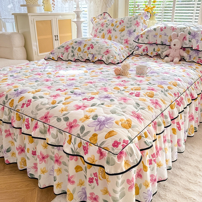 91家纺网 家纺一手货源 找家纺 优家居 2025新品水洗棉全夹棉床裙四件套韩版糯糯棉水洗皱皱纱床罩花边被套枕套直播爆款 繁花似锦