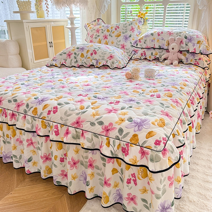 91家纺网 家纺一手货源 找家纺 优家居 2025新品水洗棉全夹棉床裙四件套韩版糯糯棉水洗皱皱纱床罩花边被套枕套直播爆款 繁花似锦