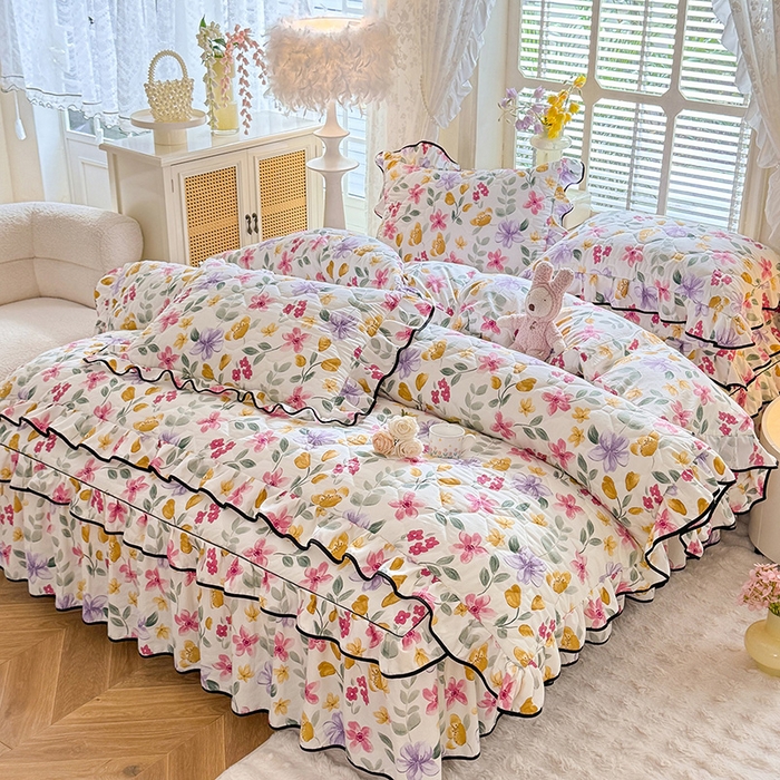 91家纺网 家纺一手货源 找家纺 优家居 2025新品水洗棉全夹棉床裙四件套韩版糯糯棉水洗皱皱纱床罩花边被套枕套直播爆款 繁花似锦