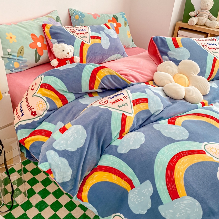 91家纺网 家纺一手货源 找家纺 西引力 2025新款亲肤舒适加厚牛奶绒印花四件套 彩虹梦