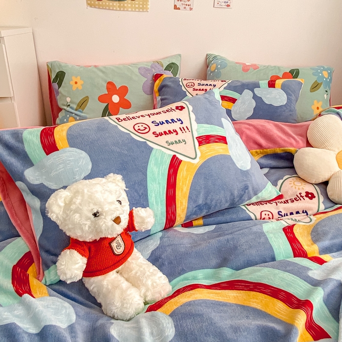 91家纺网 家纺一手货源 找家纺 西引力 2025新款亲肤舒适加厚牛奶绒印花四件套 彩虹梦