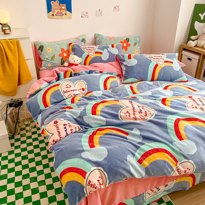 91家纺网 家纺一手货源 找家纺 西引力 2025新款亲肤舒适加厚牛奶绒印花四件套 彩虹梦