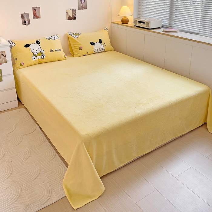 91家纺网 家纺一手货源 找家纺 西引力 2025新款亲肤舒适加厚牛奶绒印花四件套 调皮狗黄