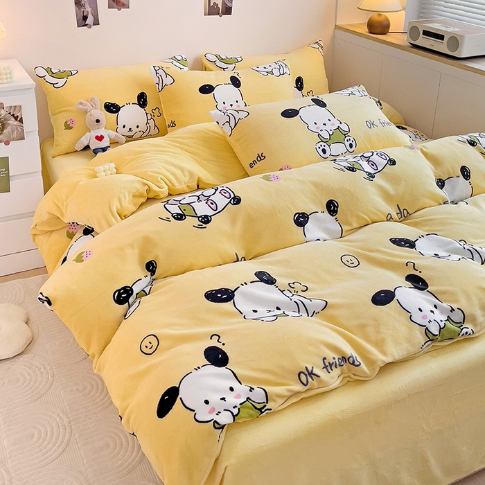 91家纺网 家纺一手货源 找家纺 西引力 2025新款亲肤舒适加厚牛奶绒印花四件套 调皮狗黄