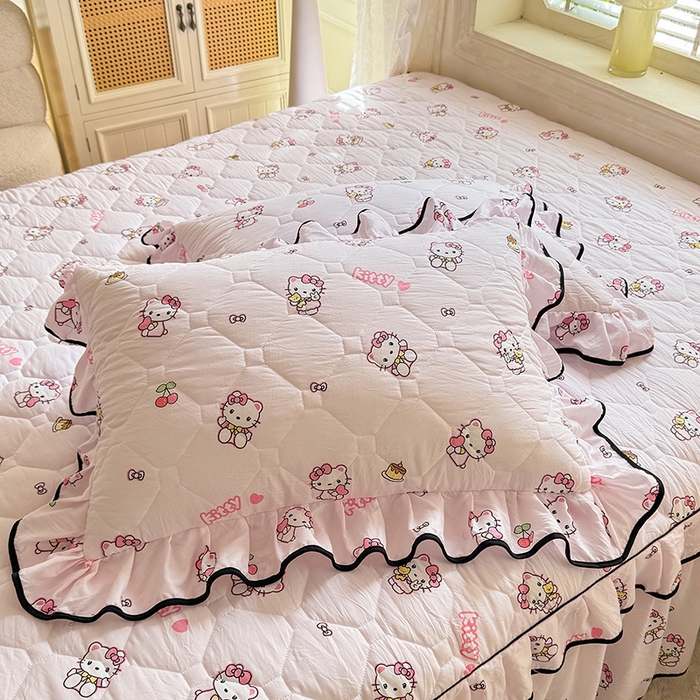 91家纺网 家纺一手货源 找家纺 优家居 2025新品水洗棉全夹棉床裙四件套韩版糯糯棉水洗皱皱纱床罩花边被套枕套直播爆款 粉色猫猫