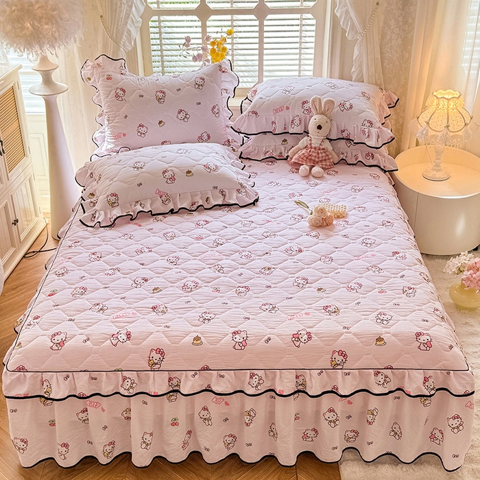 91家纺网 家纺一手货源 找家纺 优家居 2025新品水洗棉全夹棉床裙四件套韩版糯糯棉水洗皱皱纱床罩花边被套枕套直播爆款 粉色猫猫