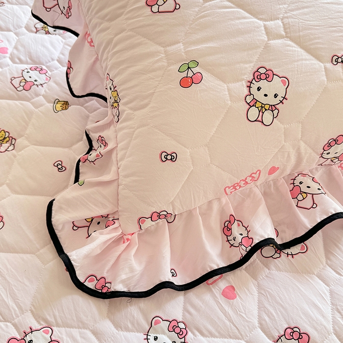 91家纺网 家纺一手货源 找家纺 优家居 2025新品水洗棉全夹棉床裙四件套韩版糯糯棉水洗皱皱纱床罩花边被套枕套直播爆款 粉色猫猫