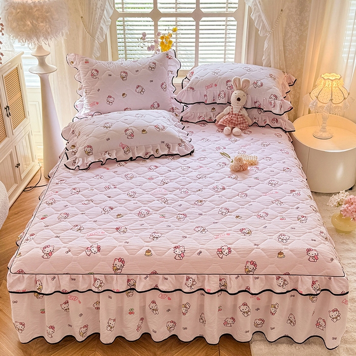 91家纺网 家纺一手货源 找家纺 优家居 2025新品水洗棉全夹棉床裙四件套韩版糯糯棉水洗皱皱纱床罩花边被套枕套直播爆款 粉色猫猫