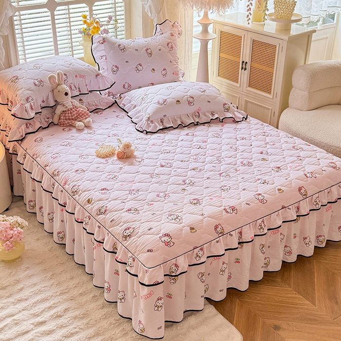 91家纺网 家纺一手货源 找家纺 优家居 2025新品水洗棉全夹棉床裙四件套韩版糯糯棉水洗皱皱纱床罩花边被套枕套直播爆款 粉色猫猫