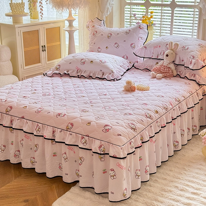 91家纺网 家纺一手货源 找家纺 优家居 2025新品水洗棉全夹棉床裙四件套韩版糯糯棉水洗皱皱纱床罩花边被套枕套直播爆款 粉色猫猫