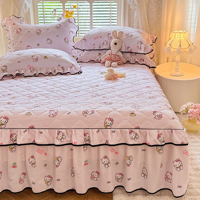 91家纺网 家纺一手货源 找家纺 优家居 2025新品水洗棉全夹棉床裙四件套韩版糯糯棉水洗皱皱纱床罩花边被套枕套直播爆款 粉色猫猫