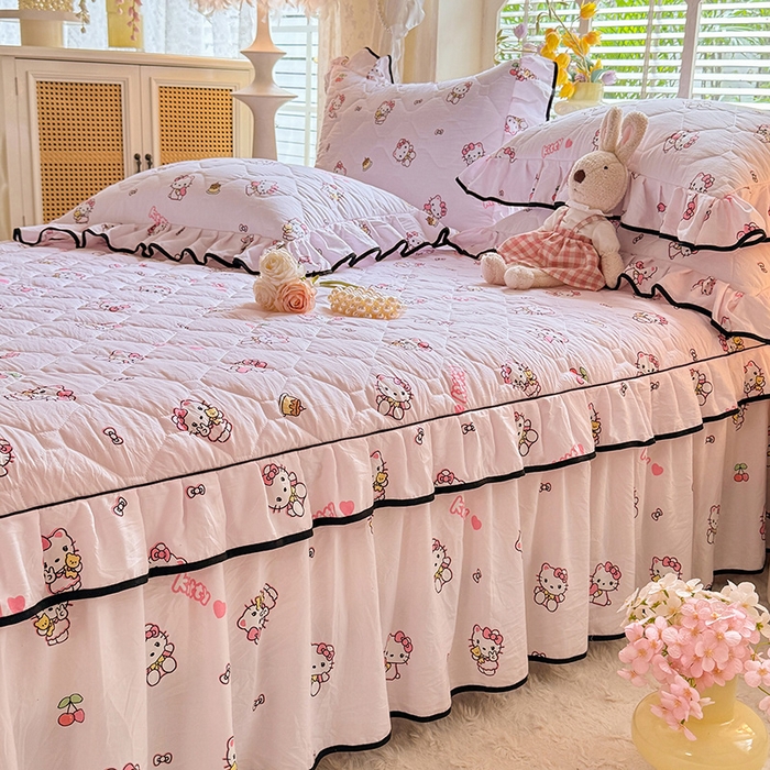 91家纺网 家纺一手货源 找家纺 优家居 2025新品水洗棉全夹棉床裙四件套韩版糯糯棉水洗皱皱纱床罩花边被套枕套直播爆款 粉色猫猫