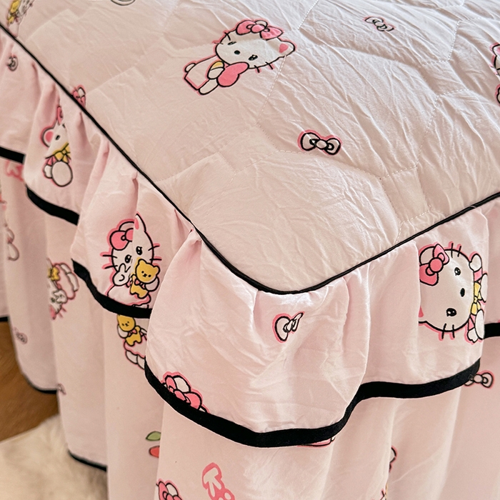 91家纺网 家纺一手货源 找家纺 优家居 2025新品水洗棉全夹棉床裙四件套韩版糯糯棉水洗皱皱纱床罩花边被套枕套直播爆款 粉色猫猫