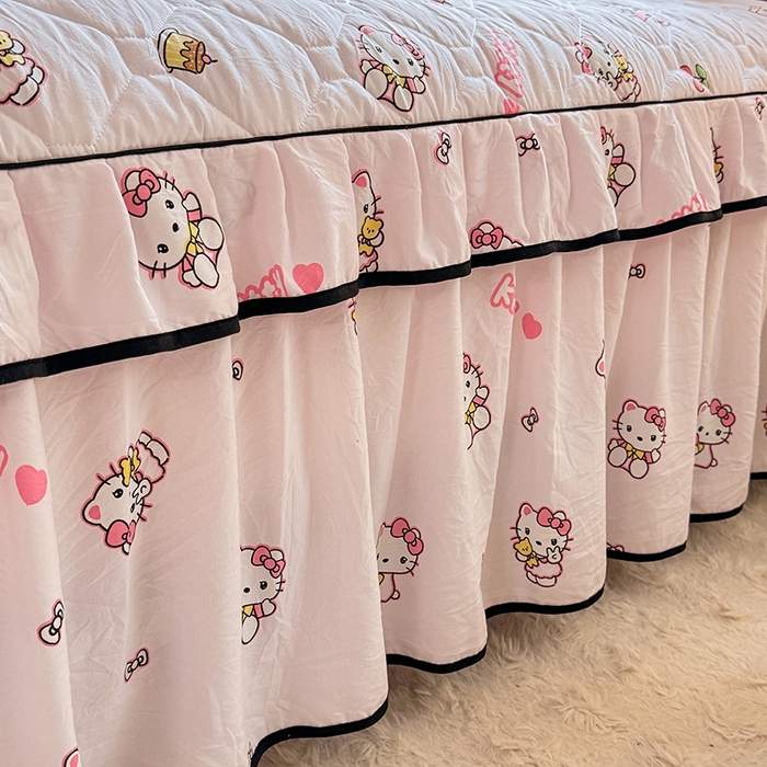 91家纺网 家纺一手货源 找家纺 优家居 2025新品水洗棉全夹棉床裙四件套韩版糯糯棉水洗皱皱纱床罩花边被套枕套直播爆款 粉色猫猫