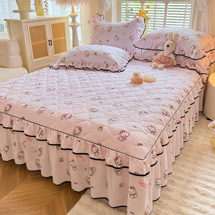 91家纺网 家纺一手货源 找家纺 优家居 2025新品水洗棉全夹棉床裙四件套韩版糯糯棉水洗皱皱纱床罩花边被套枕套直播爆款 粉色猫猫