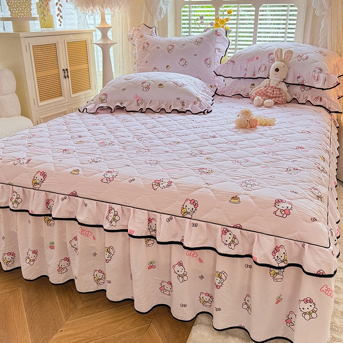 91家纺网 家纺一手货源 找家纺 优家居 2025新品水洗棉全夹棉床裙四件套韩版糯糯棉水洗皱皱纱床罩花边被套枕套直播爆款 粉色猫猫